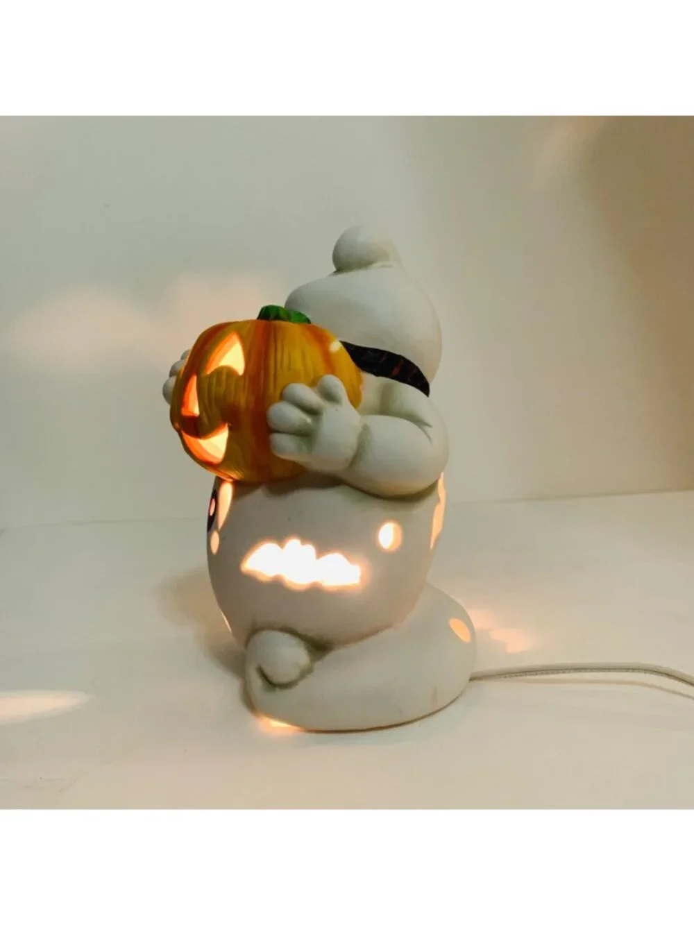 Vintage Halloween Ghost Night Light Spooky Boo Pumpkin Ceramic Lamp Kitsch 90s